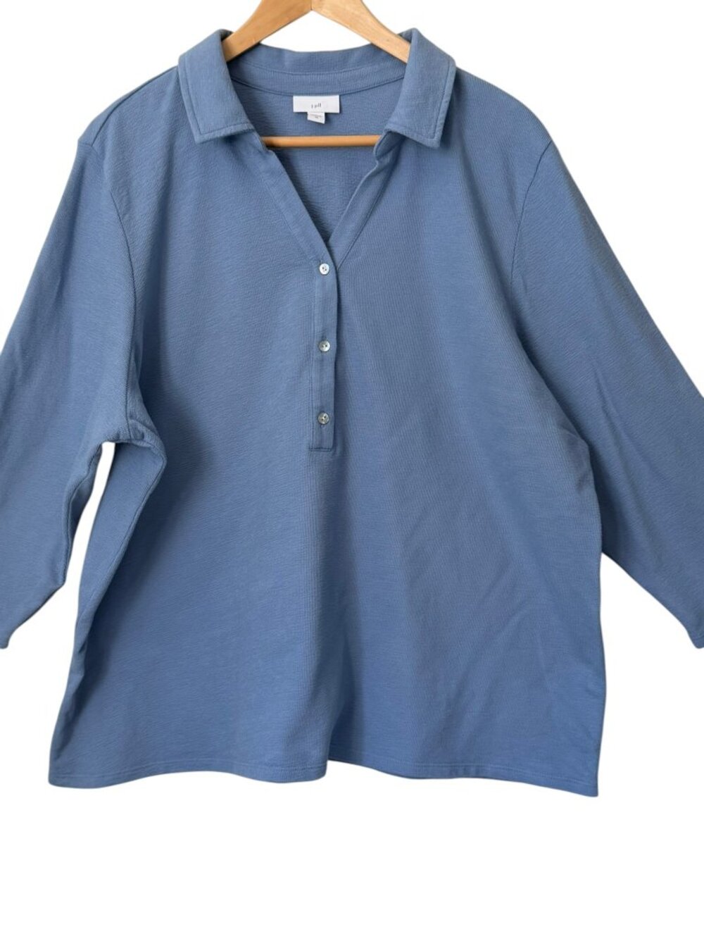 J.Jill Textured 100% Cotton Jersey Polo 3/4 Sleeve Henley Collar Slate Blue 2X